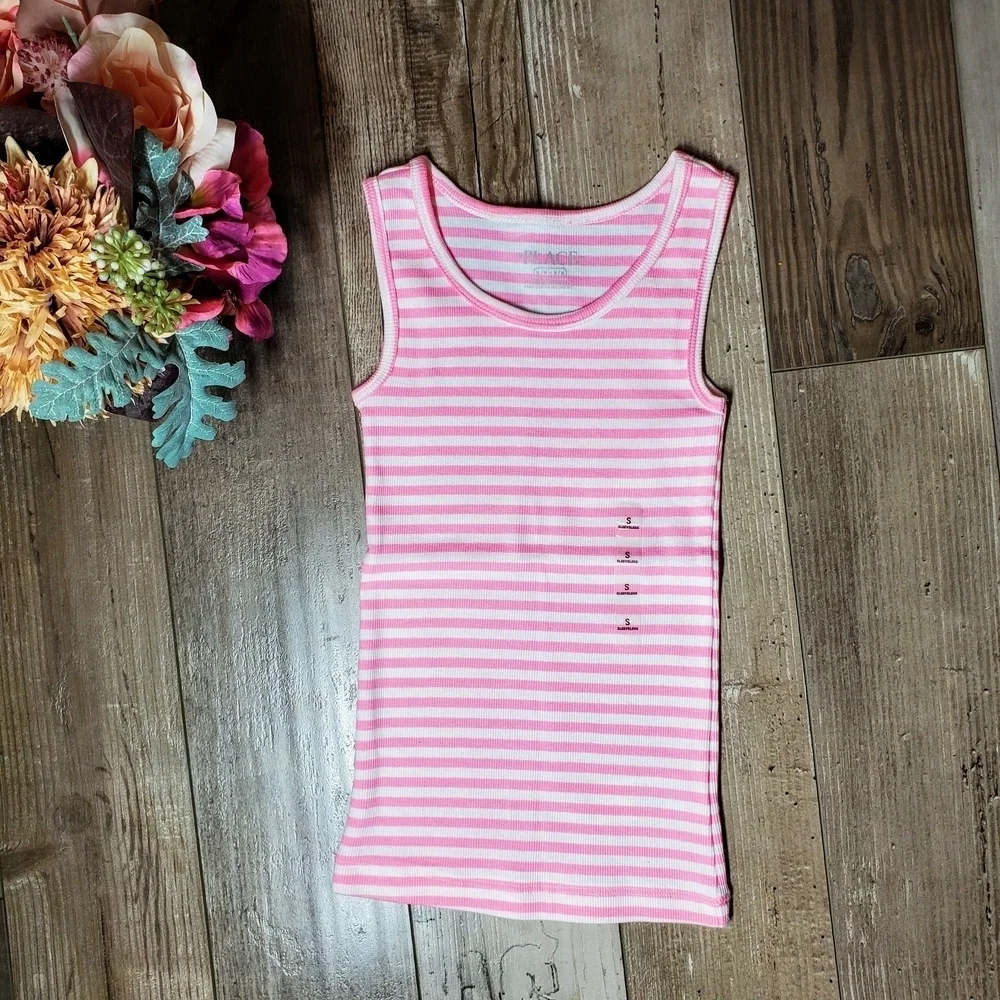 NWT The Children's Place Pink and White Ribbed Striped Sleeveless Top Size 5/6
